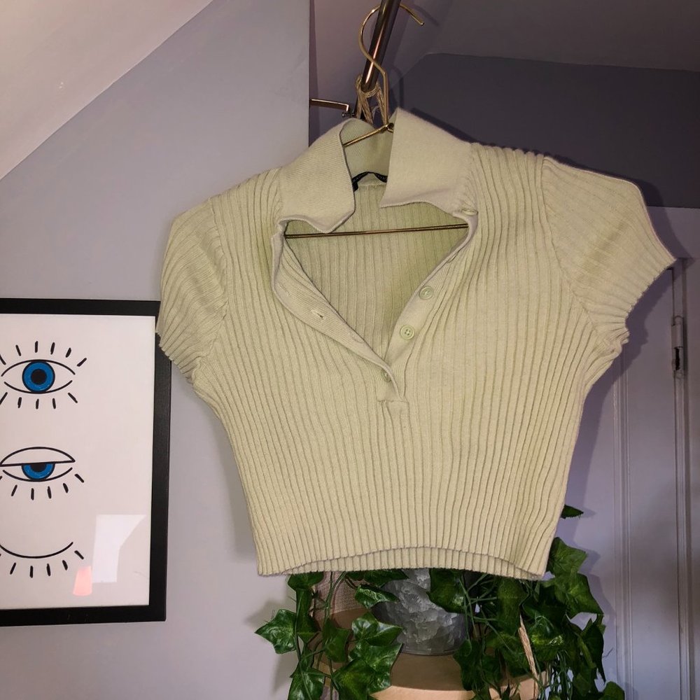 Brandy Melville Green Cropped Ribbed Collar Polo